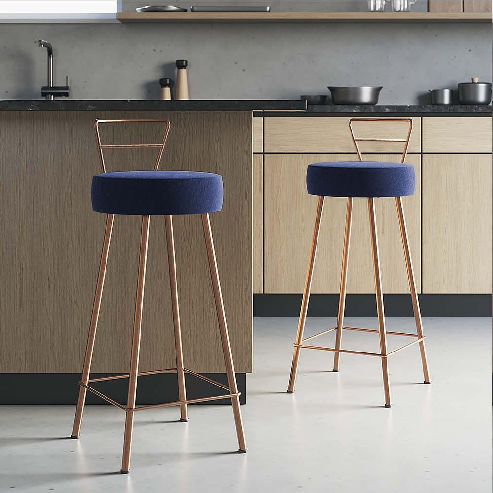 Miniatura Banqueta Alta Com Encosto Tina Eiffel Cozinha Bar Bistrô Ferro Bronze Corino Azul Marinho