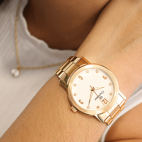 Miniatura Kit Relógio Feminino Champion Dourado Prova D'água 50 metros CN29025W Colar e Brincos