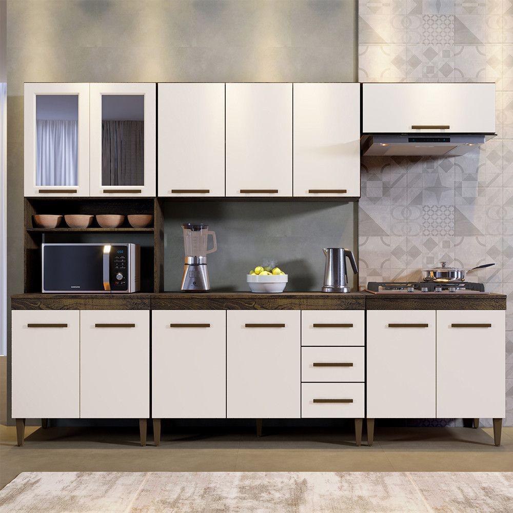 Miniatura Cozinha Com Vidro Reflecta 12 Portas 3 Gavetas E Balcão Para Cooktop 04 Bocas Ipê Com Off White