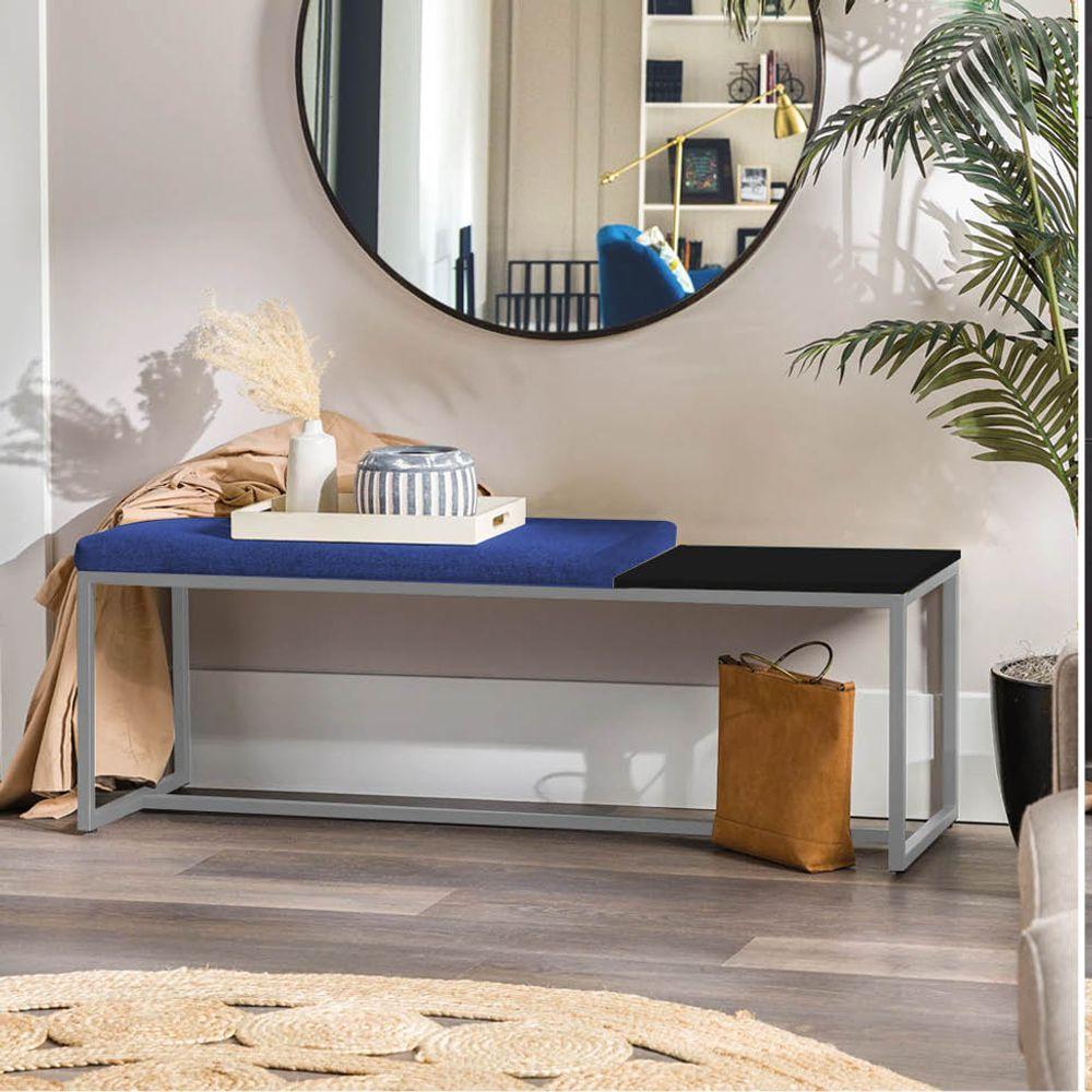 Miniatura Banco Recamier Puff London 160cm Industrial Cinza Sintético Azul Marinho Tampo Quadrado Mdf Preto