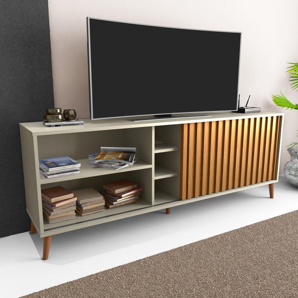 Miniatura Rack Bacada Sala Para Tv Até 50 Polegadas Com Porta Ripada Luara 160x60cm Off White / Ipê