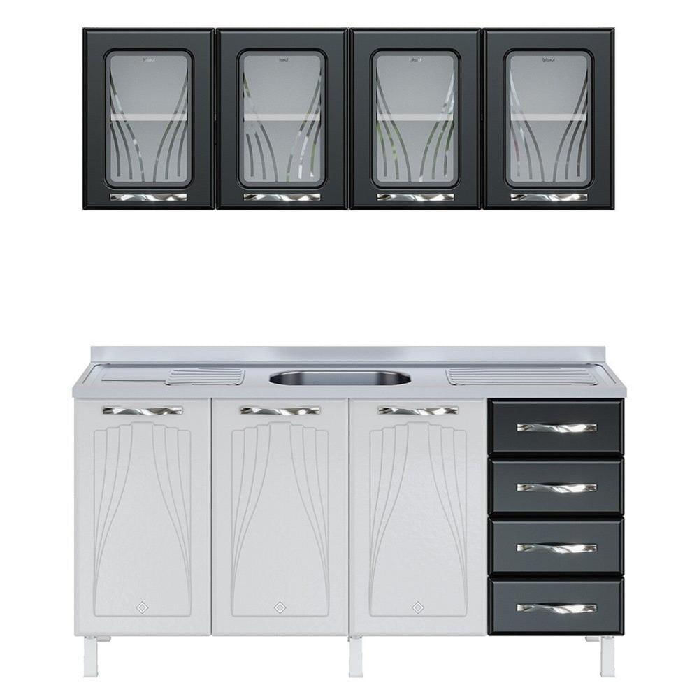 Miniatura Armário de Cozinha de Aço 2 Peças com Vidro e Balcão para Pia Star New Branco/Preto