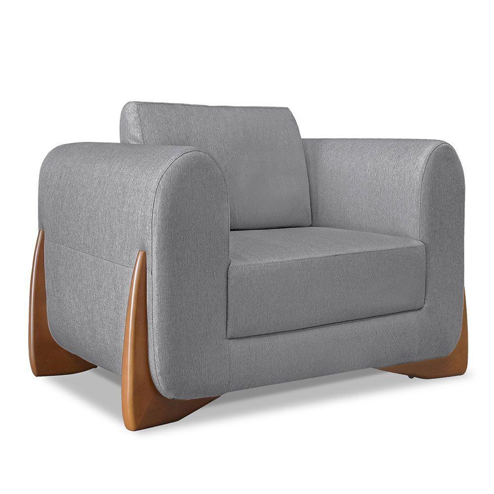 Kit 2 Poltronas E Sofá 2 Lugares Linho Grafite Pés Castanho