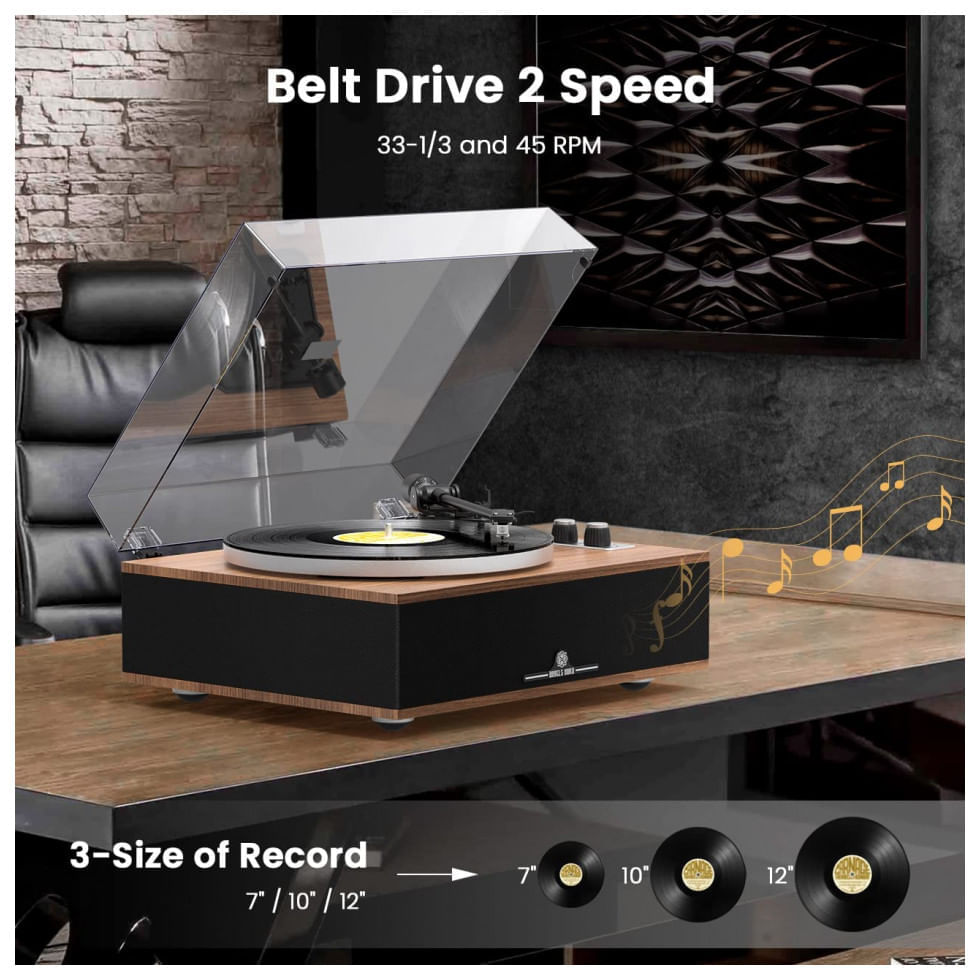 Miniatura Vitrola Toca Discos Retrô 2 Velocidades com Bluetooth e Alto Falantes Embutidos, 110V, ANGELS HORN, HP H019 0R US, Preto