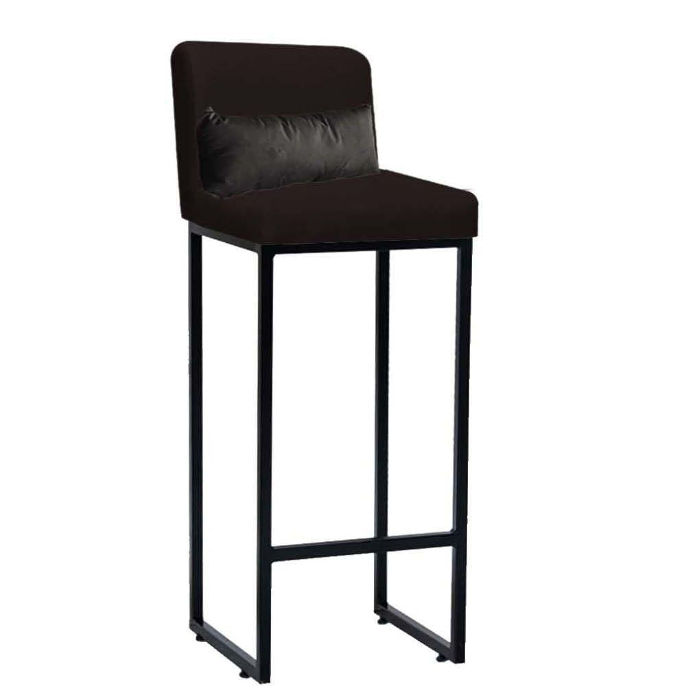 Miniatura Banqueta Alta Com Encosto Industrial Ferro Preto Corino Marrom E Almofada Cinza - Amey Decor