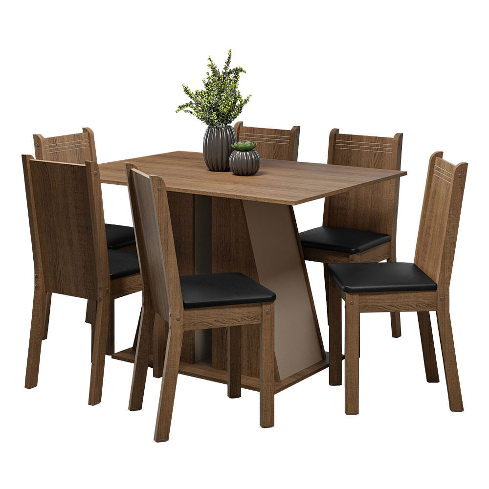 Miniatura Conjunto Sala de Jantar Mesa Tampo de Madeira 6 Cadeiras Rustic/Crema/Preto Sharon Madesa Cor:Rustic/Crema/Sintético Preto