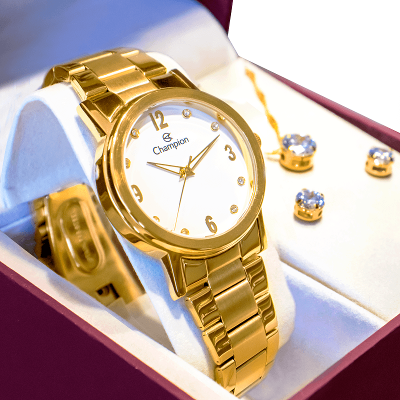 Miniatura Kit Relógio Feminino Champion Dourado Prova D'água 50 metros CN29025W Colar e Brincos