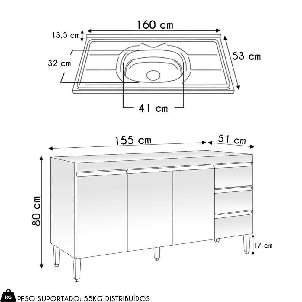 Miniatura Balcão De Cozinha Com Pia Inox 160cm 3 Gavetas Andréia Preto - Ajl Móveis