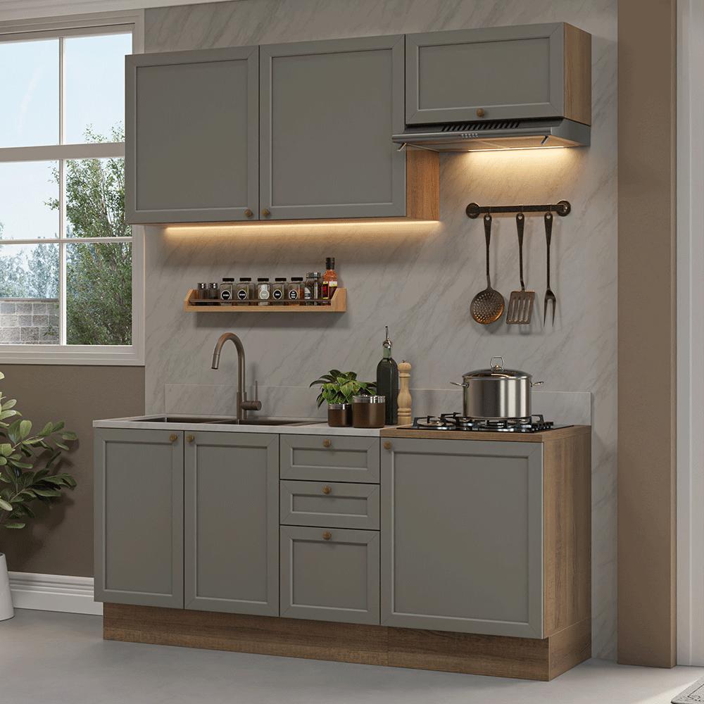 Miniatura Armário de Cozinha Compacta 180 cm Rustic/Cinza Vik Madesa 01 Rustic/Cinza