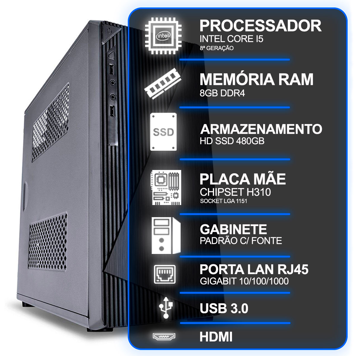 Miniatura Computador Desktop, Intel Core I5 8º Geração, 8GB RAM, HD SSD 480GB, Conexões USB/VGA/HDMI/LAN/SOM