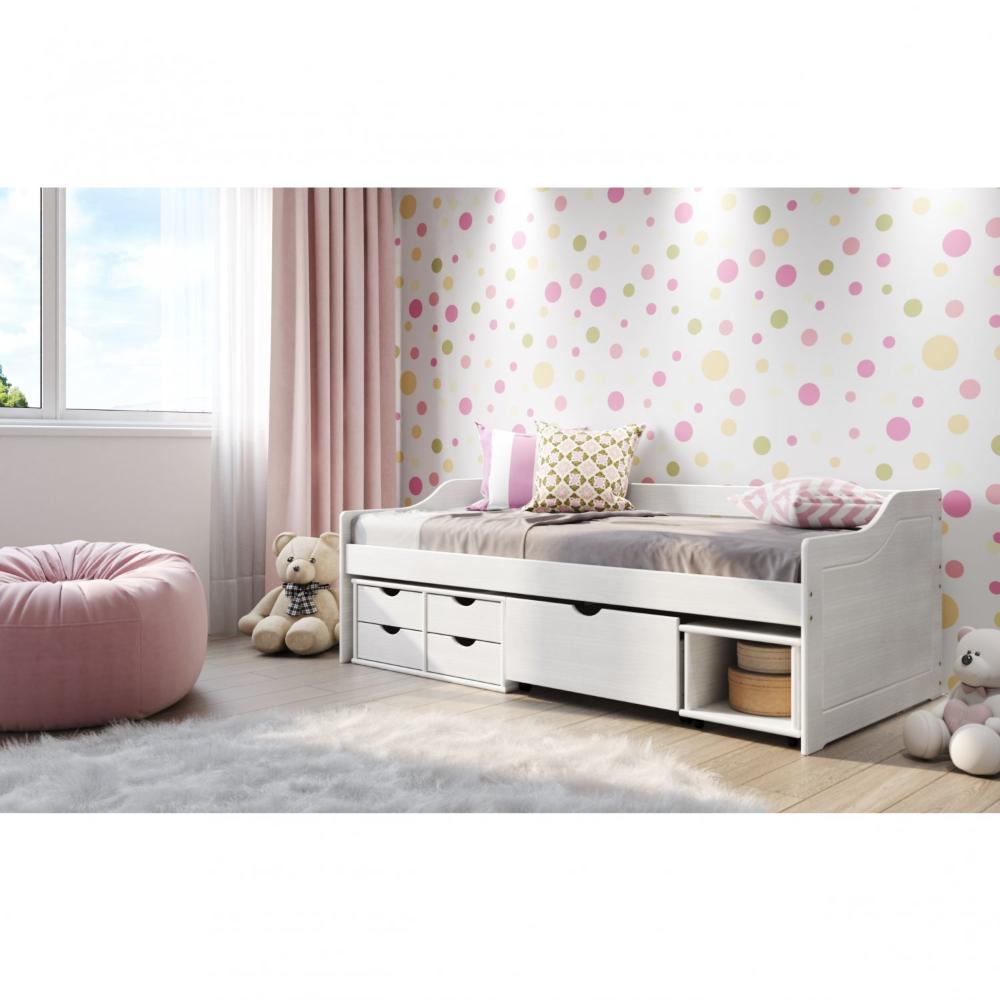 Cama Solteiro 5 Gavetas e Nicho Madeira Maciça Floro Inter Link Branco Lavado