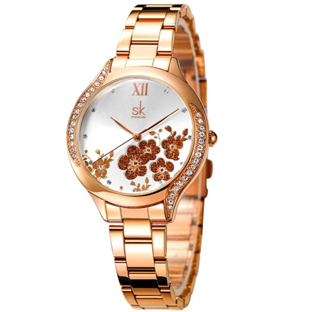 Miniatura Relógio Feminino Moda Elegante Flores Pulseira Em Inoxidável