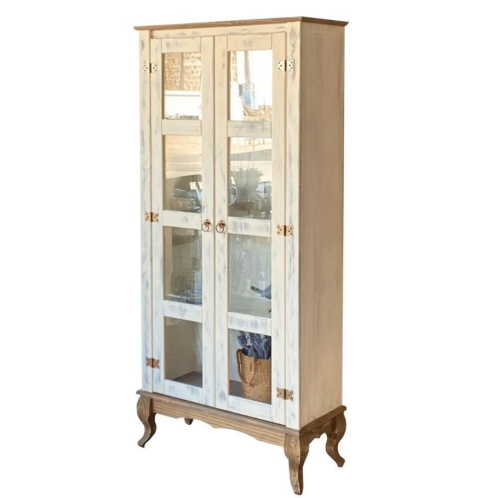 Miniatura Cristaleira Madeira Maciça 2 Portas Vidro Rústica Branco Garapa D113 Denk