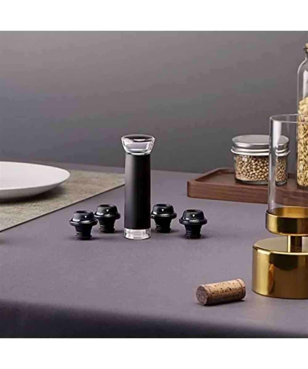 Miniatura Kit Bomba a Vácuo Manual Vinhos com 4 Rolhas Prana Adega Bar Preto