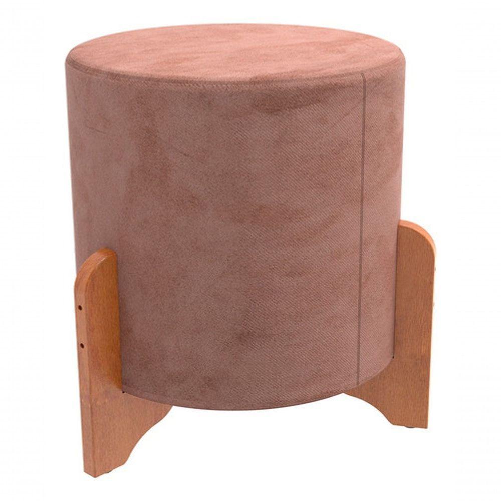 Miniatura Puff Redondo Rosé Em Linho Pé De Madeira Luxo Thor Decoração Rosa