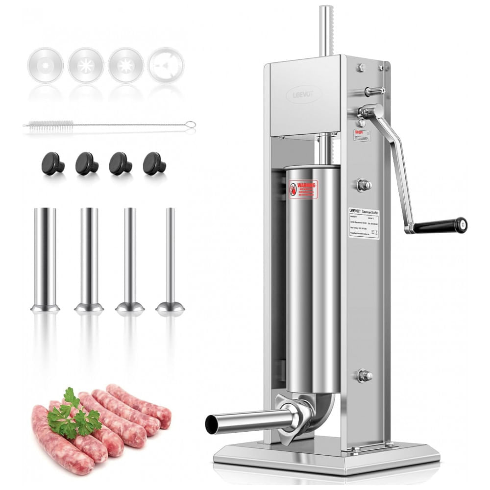 Miniatura Enchedor de Linguiça de Aço Inoxidável 15Lb7L LEEVOT Ajustável, 2 Velocidades, 4 Tubos de Enchimento Prateado