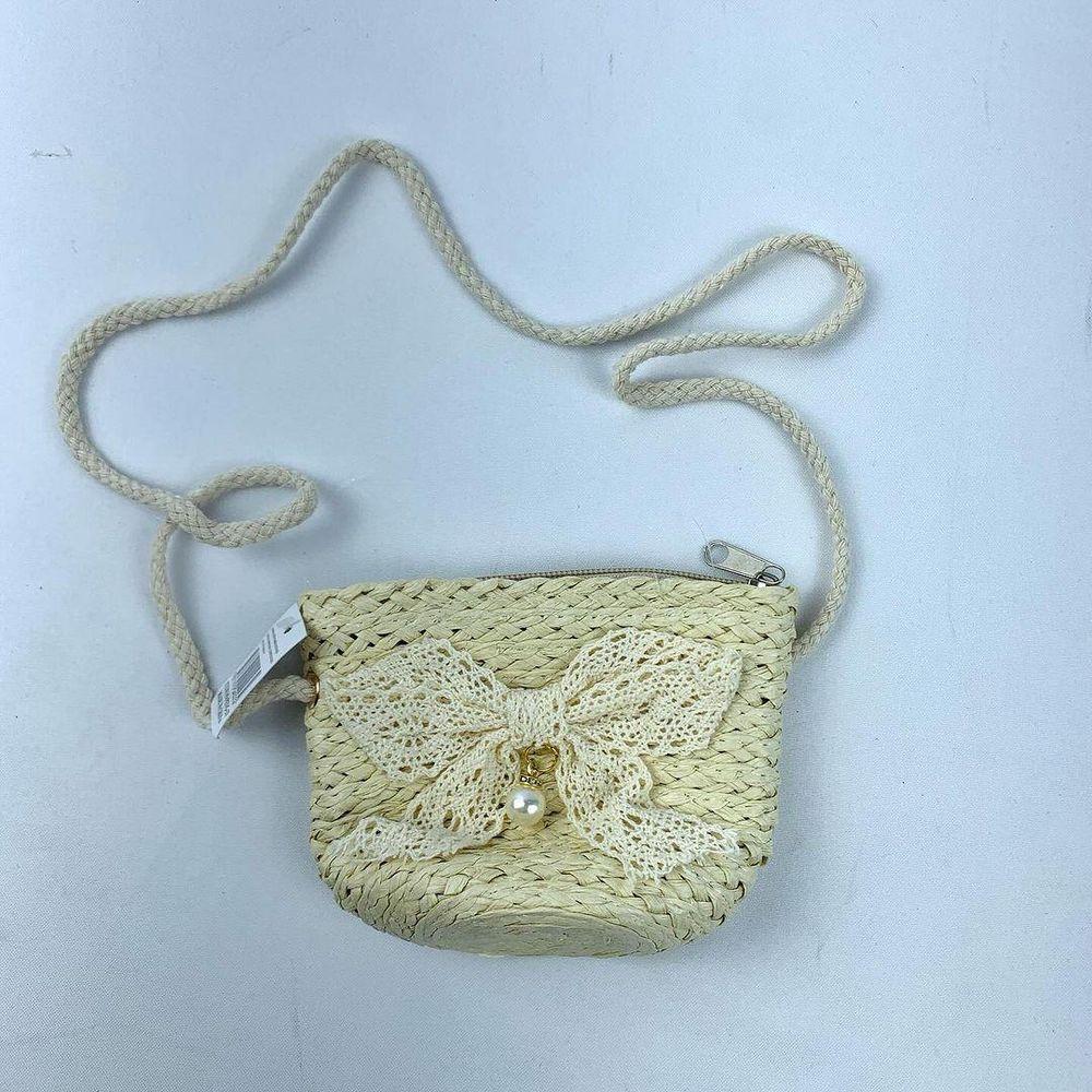 Miniatura Bolsa Infantil Feminina Mini Bag Em Palha Sintética Transversal De Ombro Com Lacinho marfim