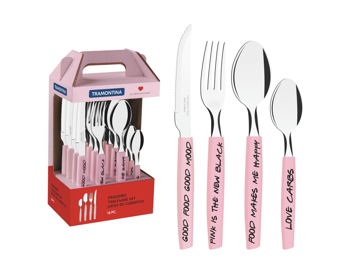 Miniatura Faqueiro Tramontina My Lovely Kitchen em Aço Inox 16 Peças Rosa