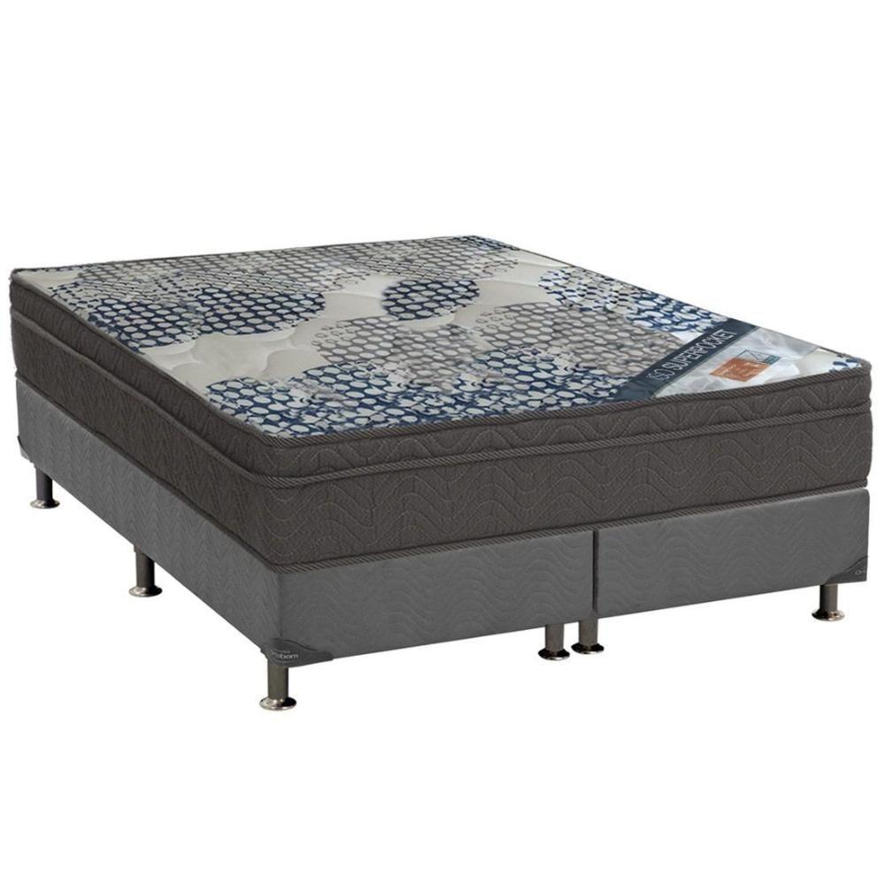 Miniatura Cama Box Queen: Colchão Molas Ortobom Superpocket Iso Firme + Base Crc Suede Cinza(158X198)