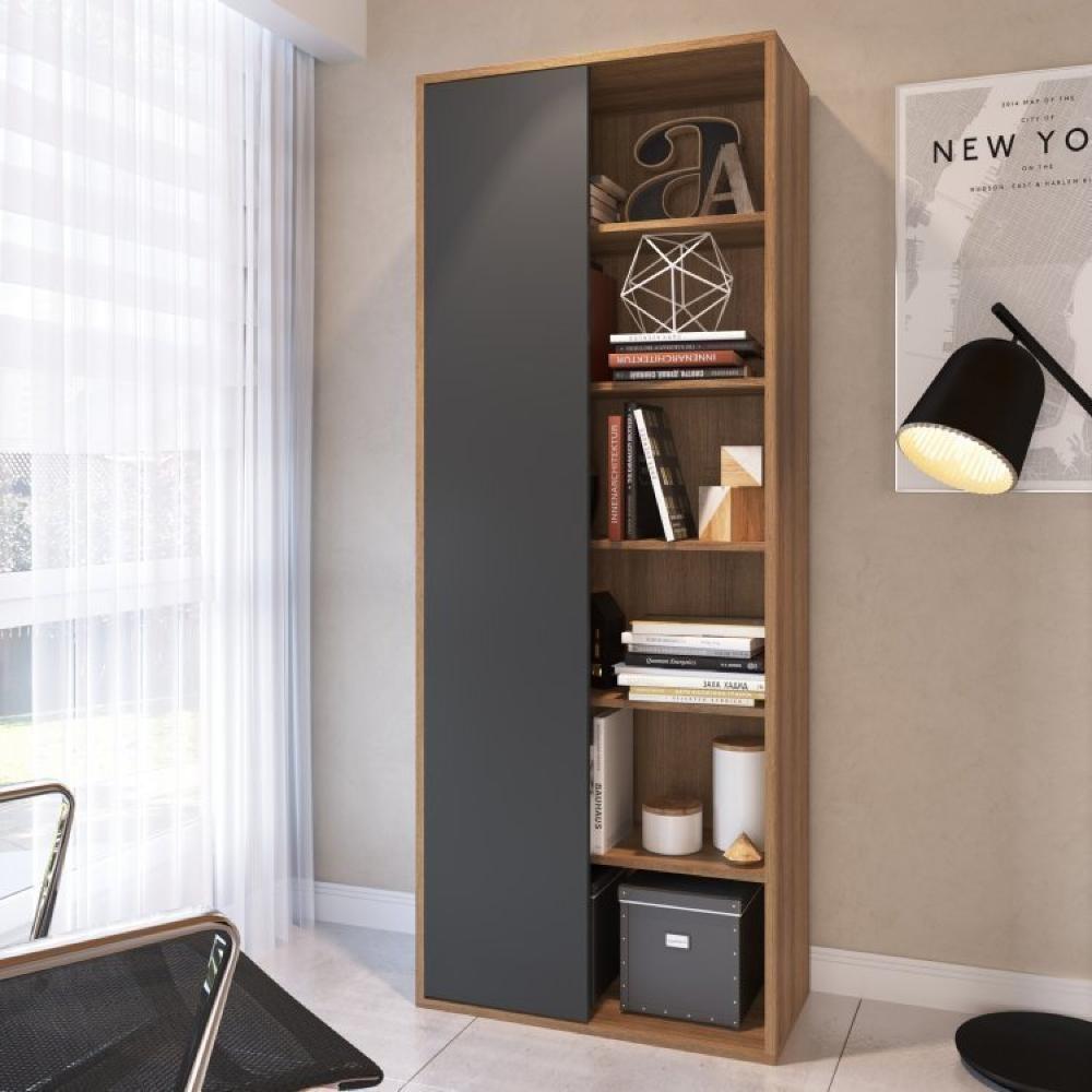Miniatura Conjunto Home Office Livreiro 1 Porta 5 Prateleiras e Escrivaninha 3 Gavetas Placa e Ponto Grafite/Mel