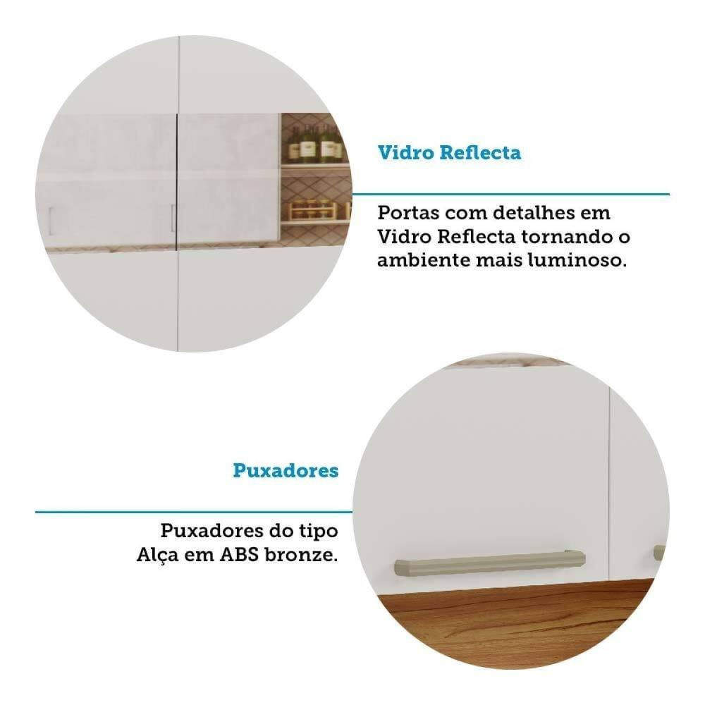 Cozinha Modulada Compacta 2 Peças 6 Portas 2 Gavetas com Tampo e Vidro Reflecta 100% Mdf Itália Espr Amêndoa/Off White