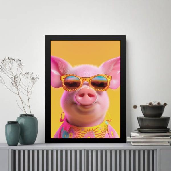 Miniatura Quadro Porquinho Humano - Óculos 33X24Cm - Com Vidro