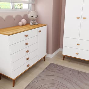 Miniatura Guarda-Roupa Bartira Ternura com 3 Portas, 2 Gavetas + Cômoda Bartira Ternura com 5 Gavetas e 1 Porta Branco Wood