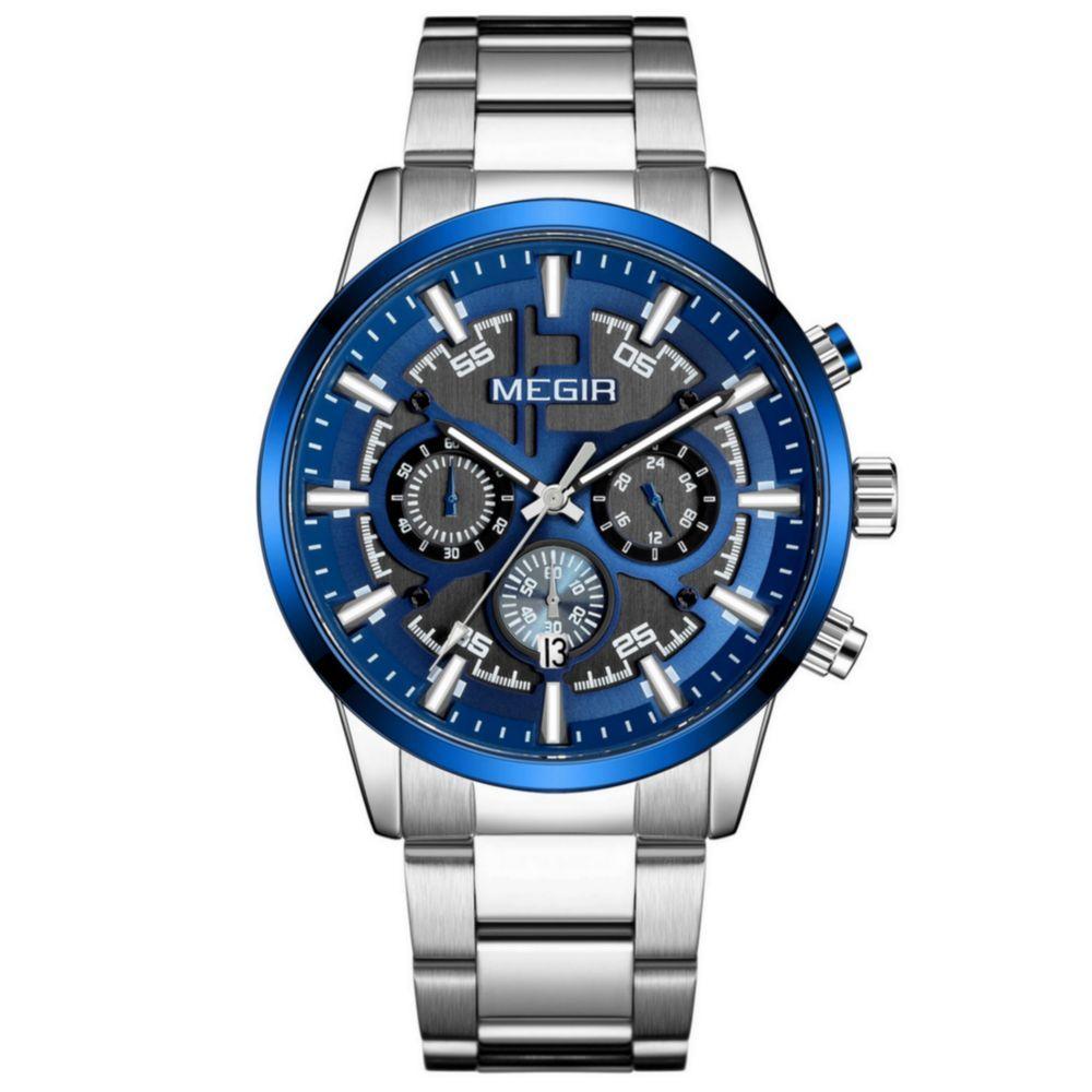 Miniatura Relógio De Pulso Masculino Com Pulseira De Aço Inoxidáve Com Data Automática Impermeavel 3atm Azul