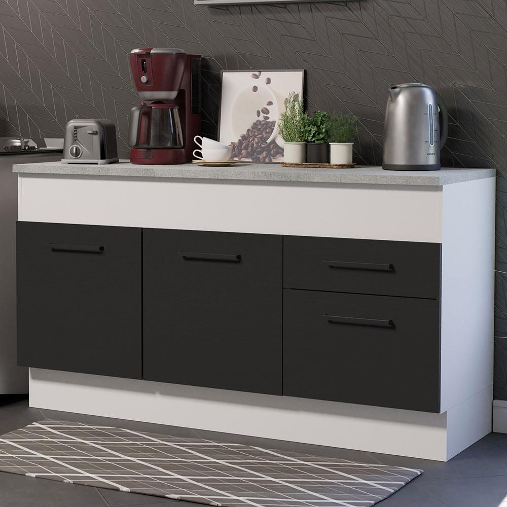 Miniatura Balcão de Pia Cozinha 150 cm 2 Portas e 2 Gavetas (Com Tampo) Branco/Preto Agata Madesa Branco/Preto