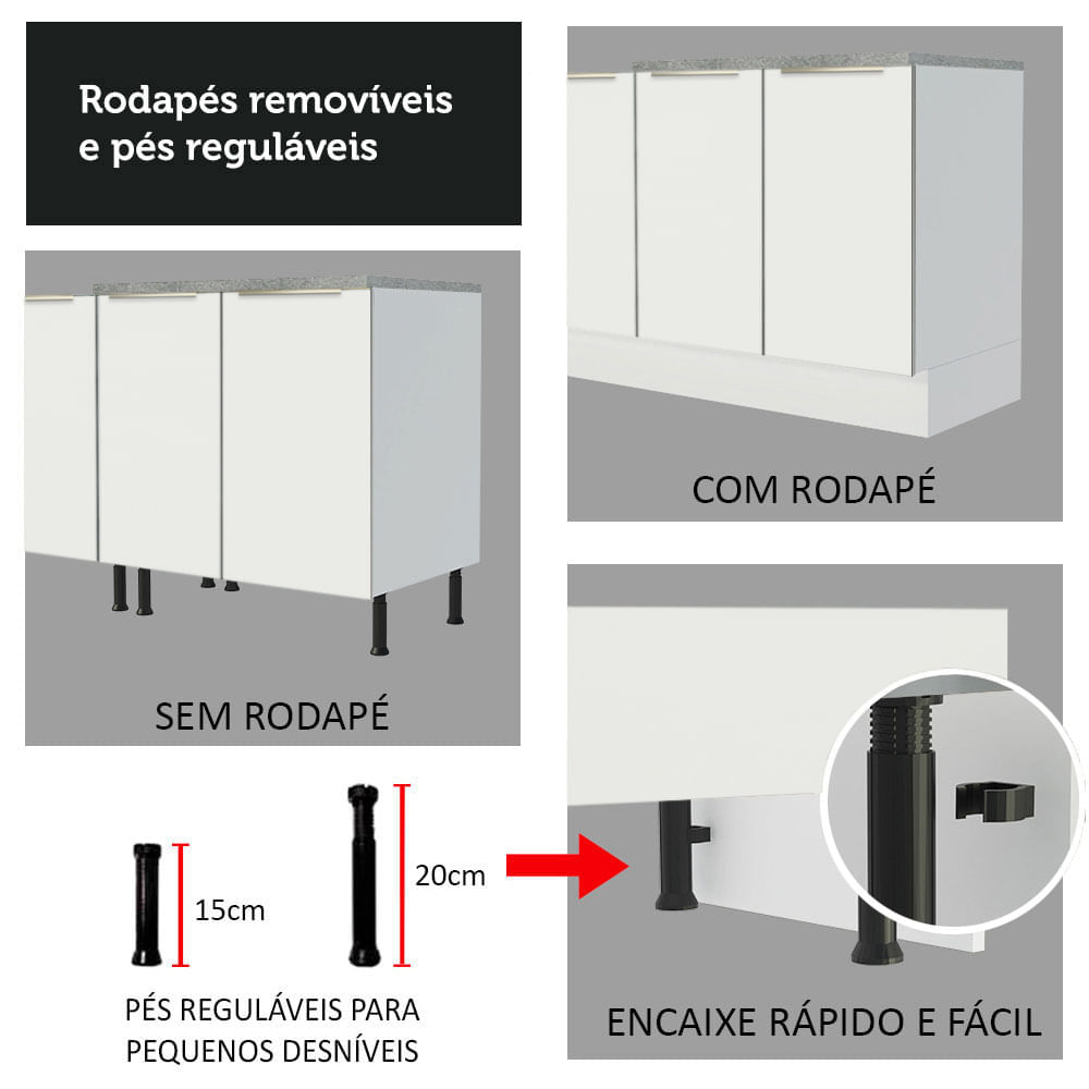 Kit com 2 Balcões de Cozinha Madesa Lux 4 Portas 3 Gavetas (Sem Tampo e Pia) Branco/Branco Veludo Cor:Branco/Branco Veludo