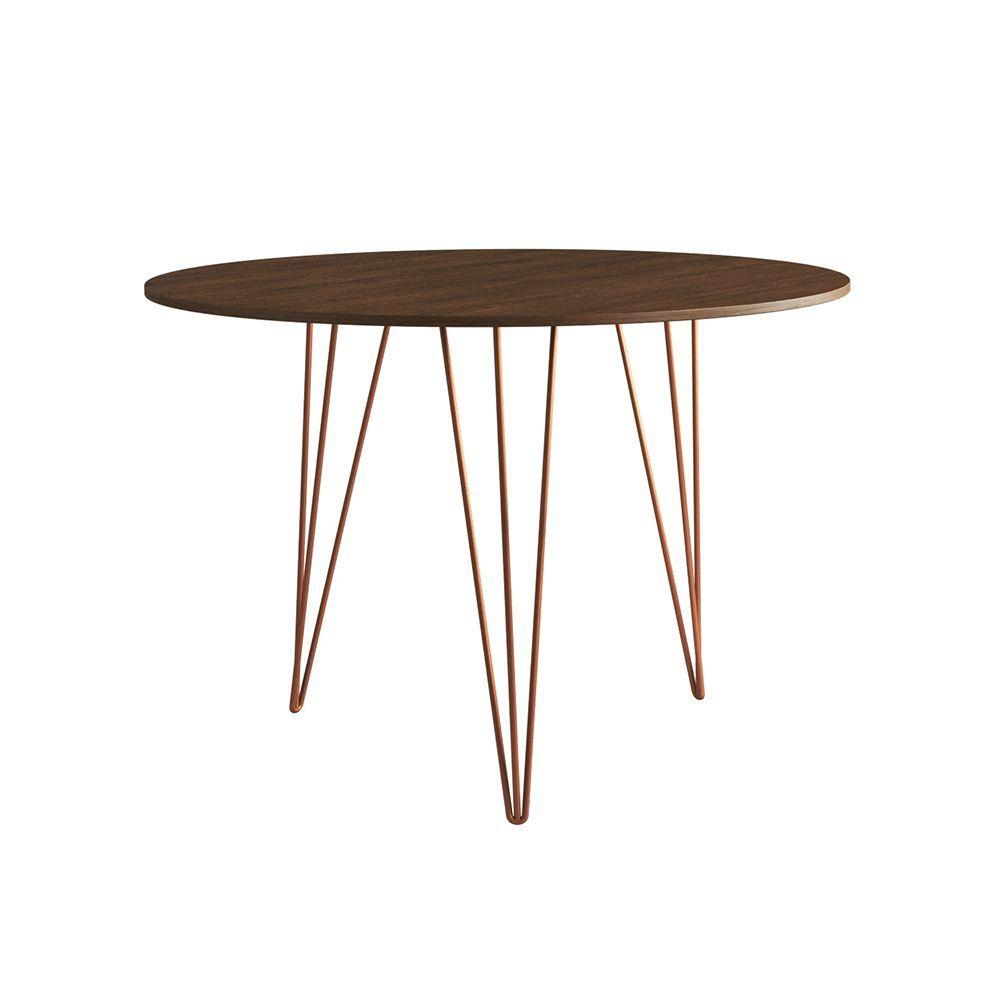 Miniatura Mesa De Jantar Redonda 90Cm Amêndoa Clips 3 Pés Base Cobre