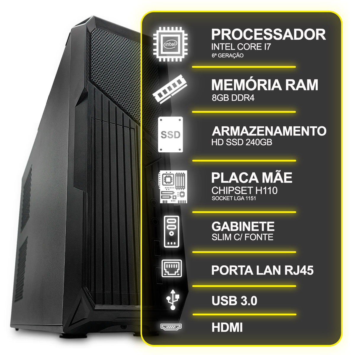 Miniatura Computador Desktop Slim, Intel Core I7 6º Ger, 8GB RAM, SSD 240GB, Conexões USB/VGA/HDMI/LAN/SOM