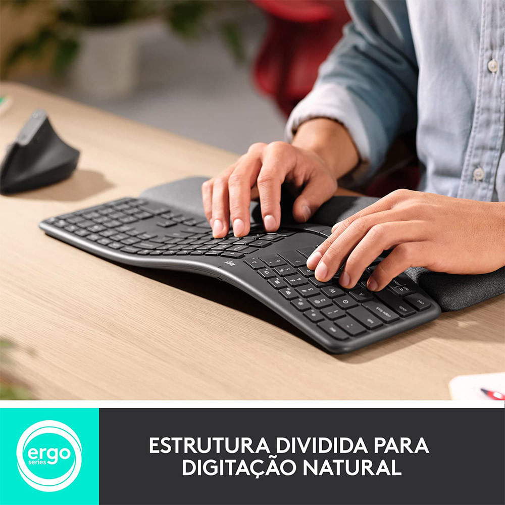 Teclado Sem Fio Logitech ERGO K860 Com Apoio de Pulso USB Bluetooth Grafite Preto