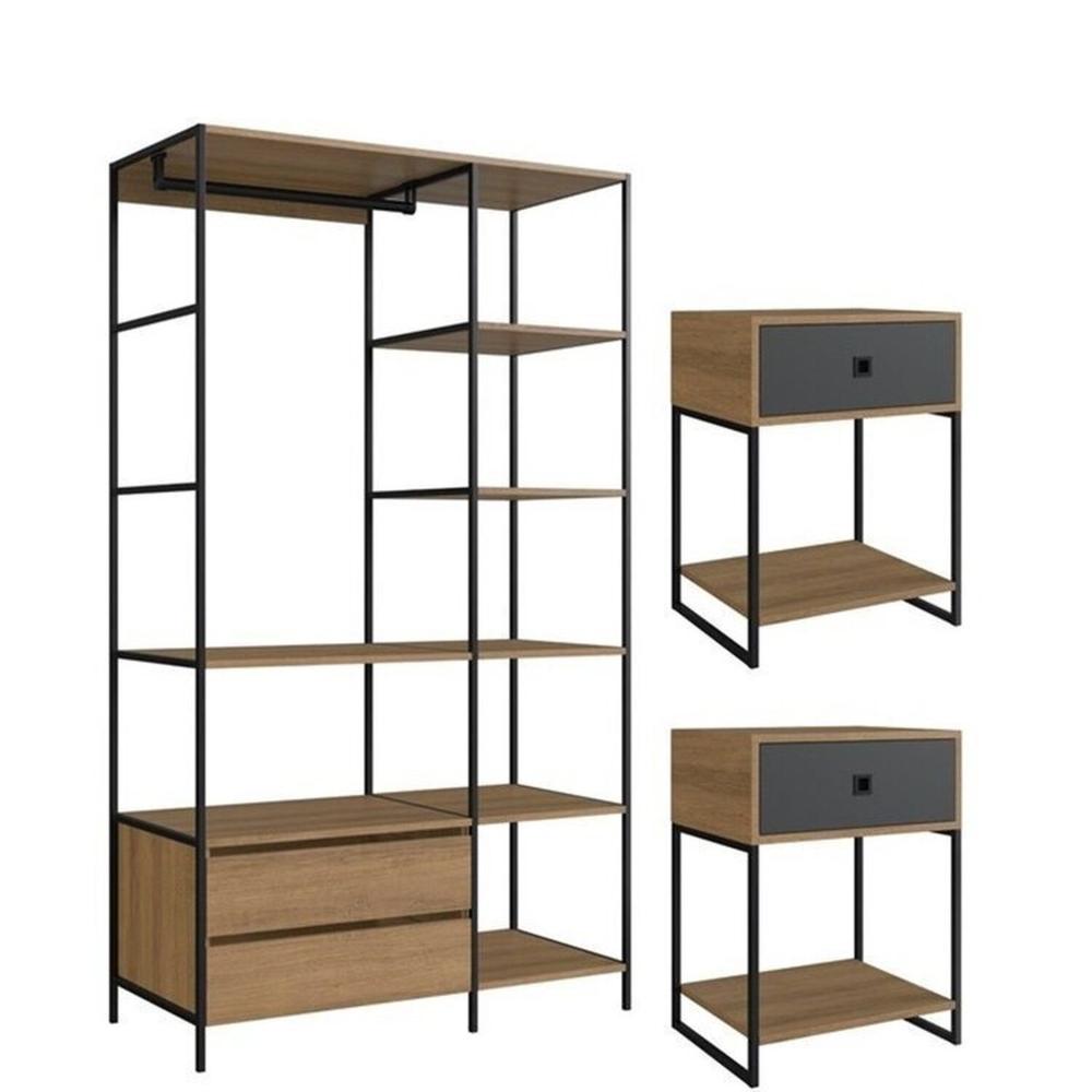 Miniatura Quarto Estilo Industrial com Guarda Roupa Closet de 2 Gavetas  e  2 Mesas de Cabeceira com 1 Gaveta Mel / Grafite