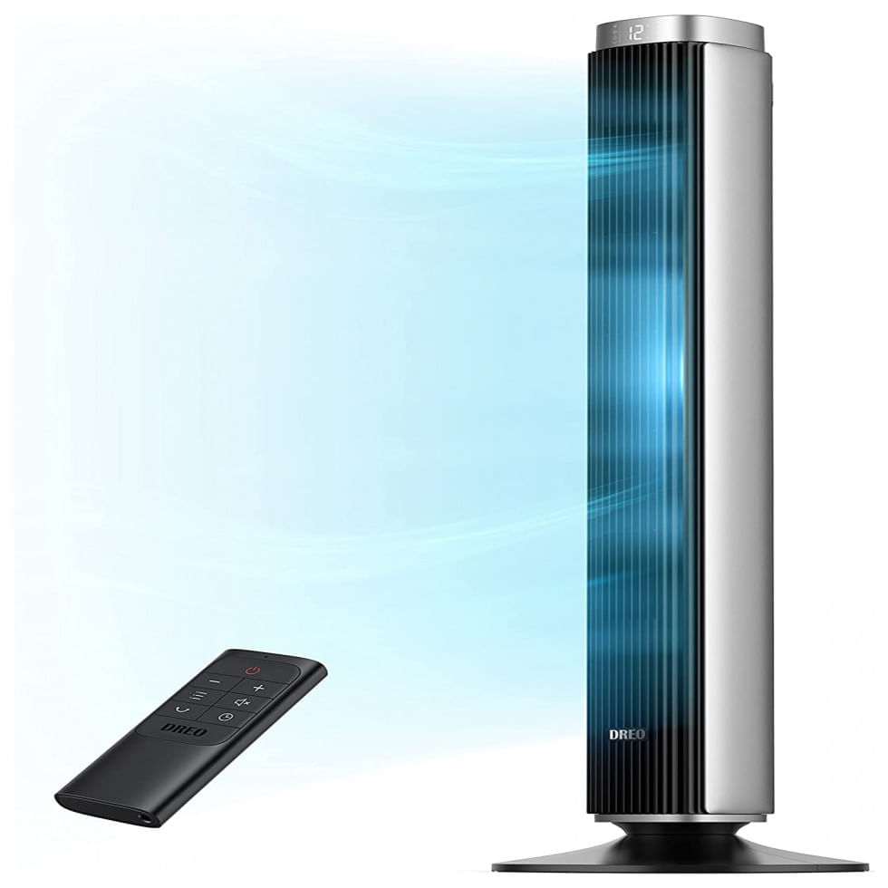 Miniatura Ventilador de Torre Dreo DR HTF005 com 9 Velocidades, Controle Remoto, Tela LED e Desligamento Automático, 110V, Cinza