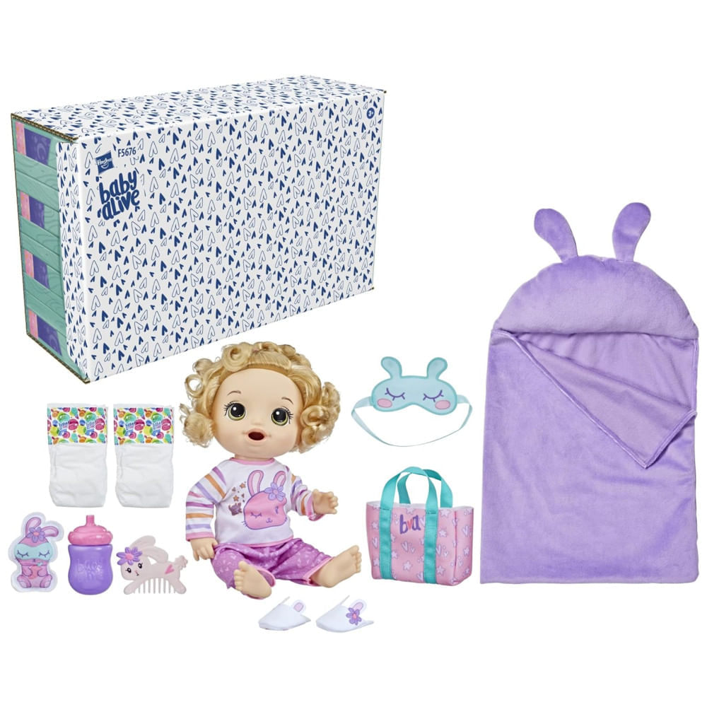 Miniatura Boneca Bunny Festa do Pijama com Acessórios Temáticos de Dormir para Crianças Acima de 3 Anos, Baby Alive, Cabelo Loiro
