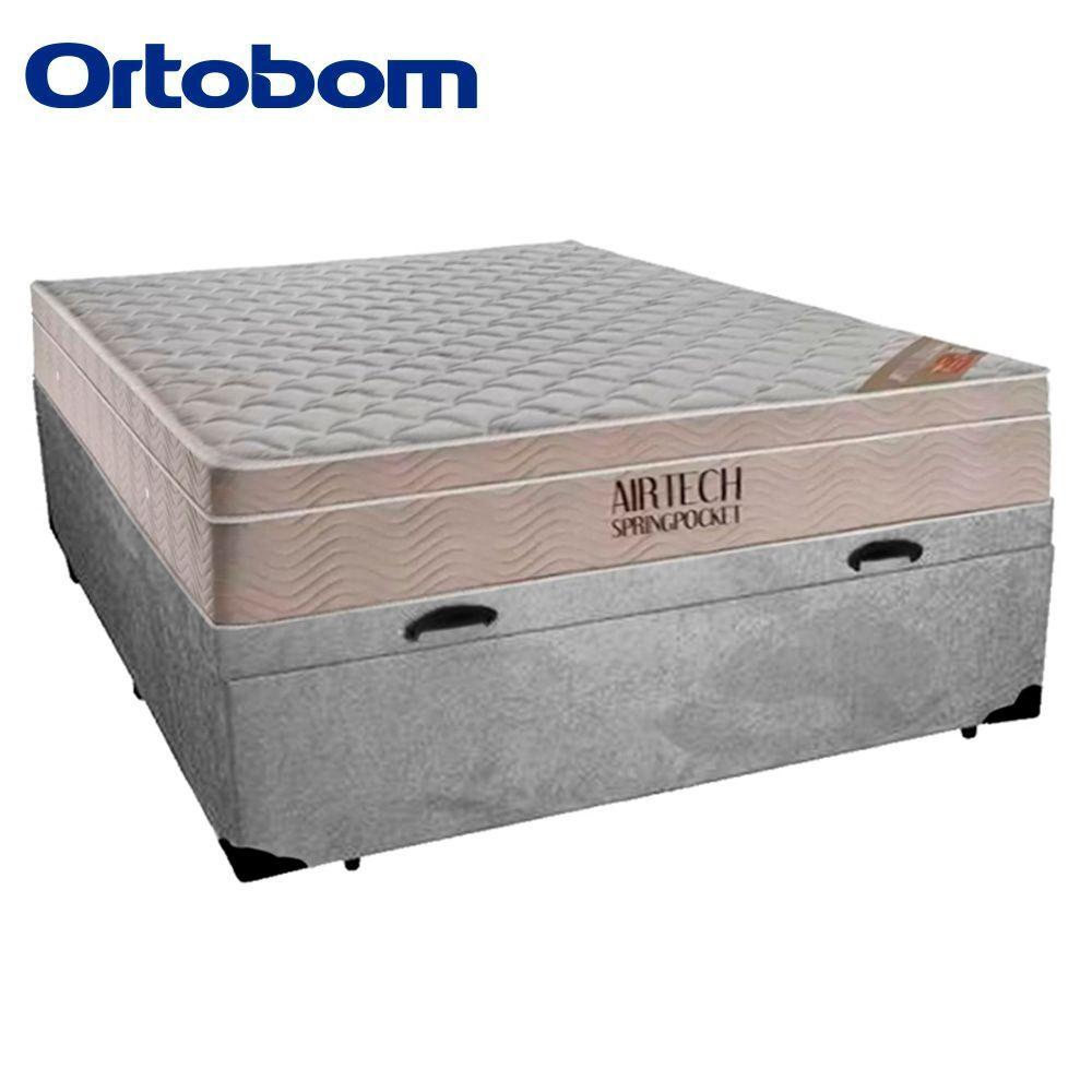 Miniatura Cama Box Baú Casal Suede + Colchão Ortobom Airtech Molas Ensacadas 138x188x65 Cinza