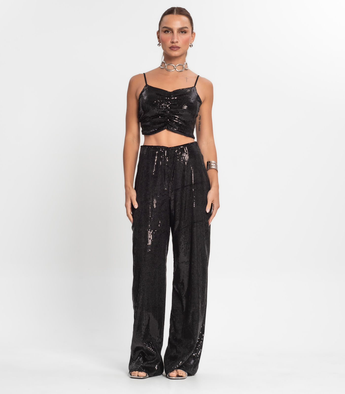 Miniatura Top Cropped Em Paetê Endless Preto G