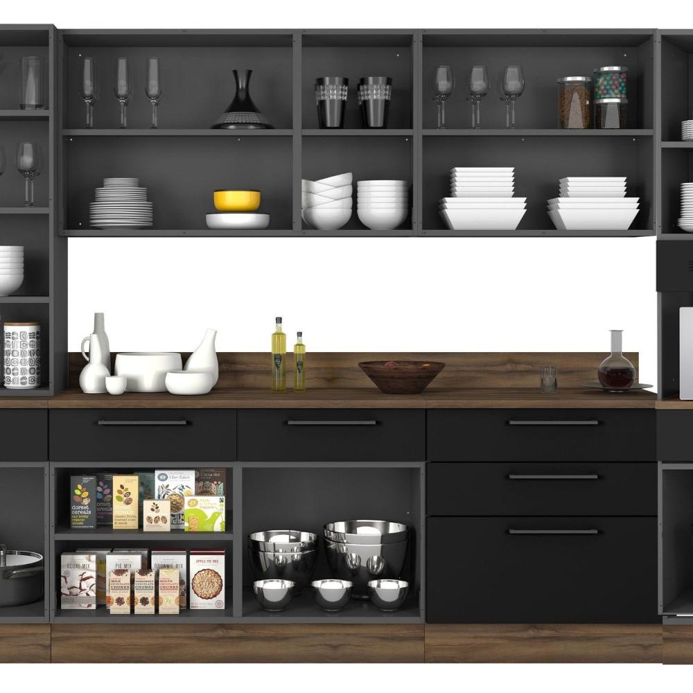 Miniatura Cozinha Modulada em Aço 7 Peças com Paneleiro Forno e Cristaleira Rodapé em PVC Exclusive Grafite/Preto Matt