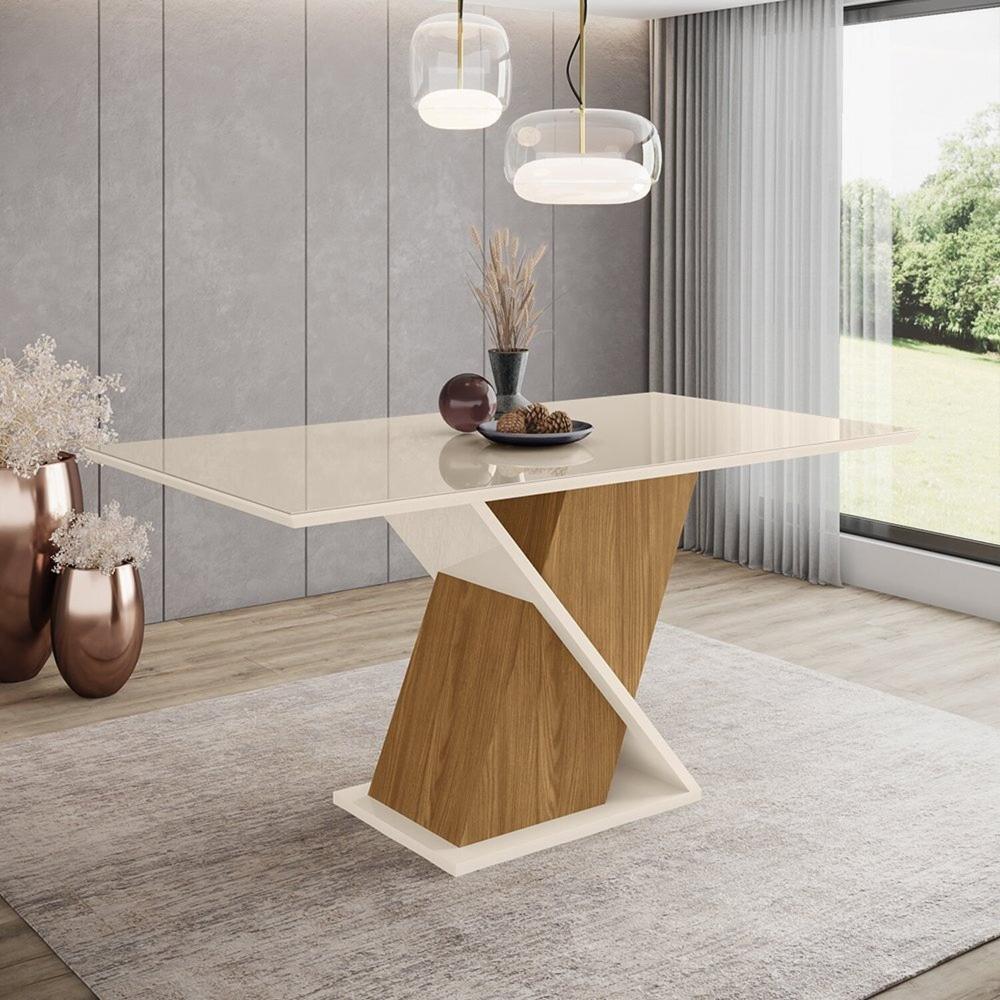 Sala de Jantar Carla Mesa 160 Cm Canto Reto com Vidro 6 Cadeiras Espresso Móveis Nature/Off White/Marrom Amêndoa