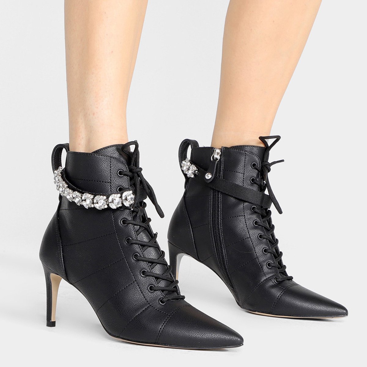 Miniatura Bota Cano Curto Cecconello Tie Up Strass Feminina Preto - 34