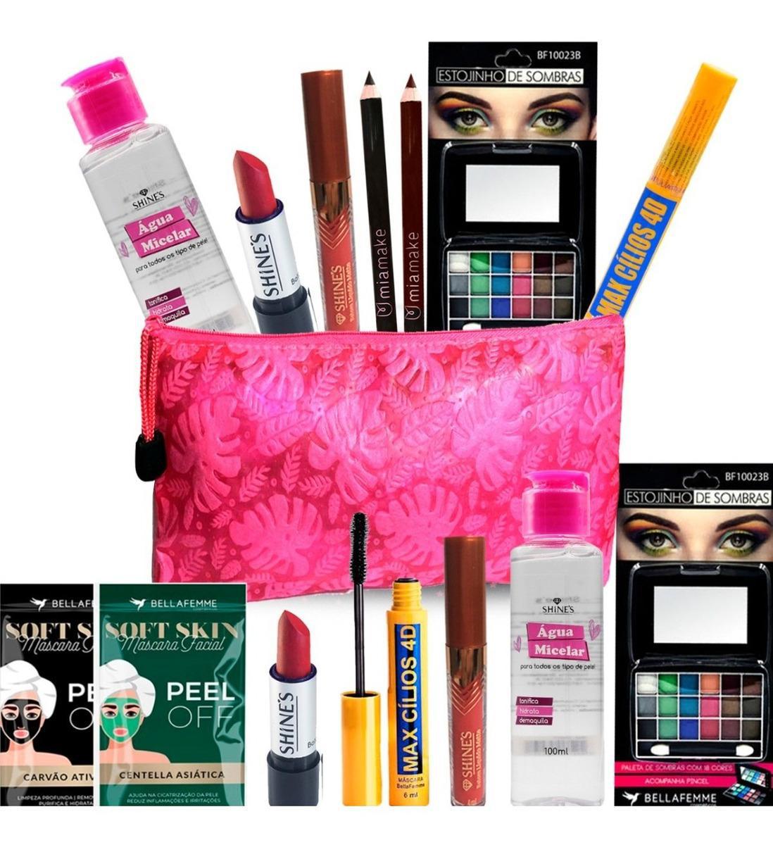 Miniatura Kit Maquiagem Make Batom Água Micelar Shines Máscara Facial