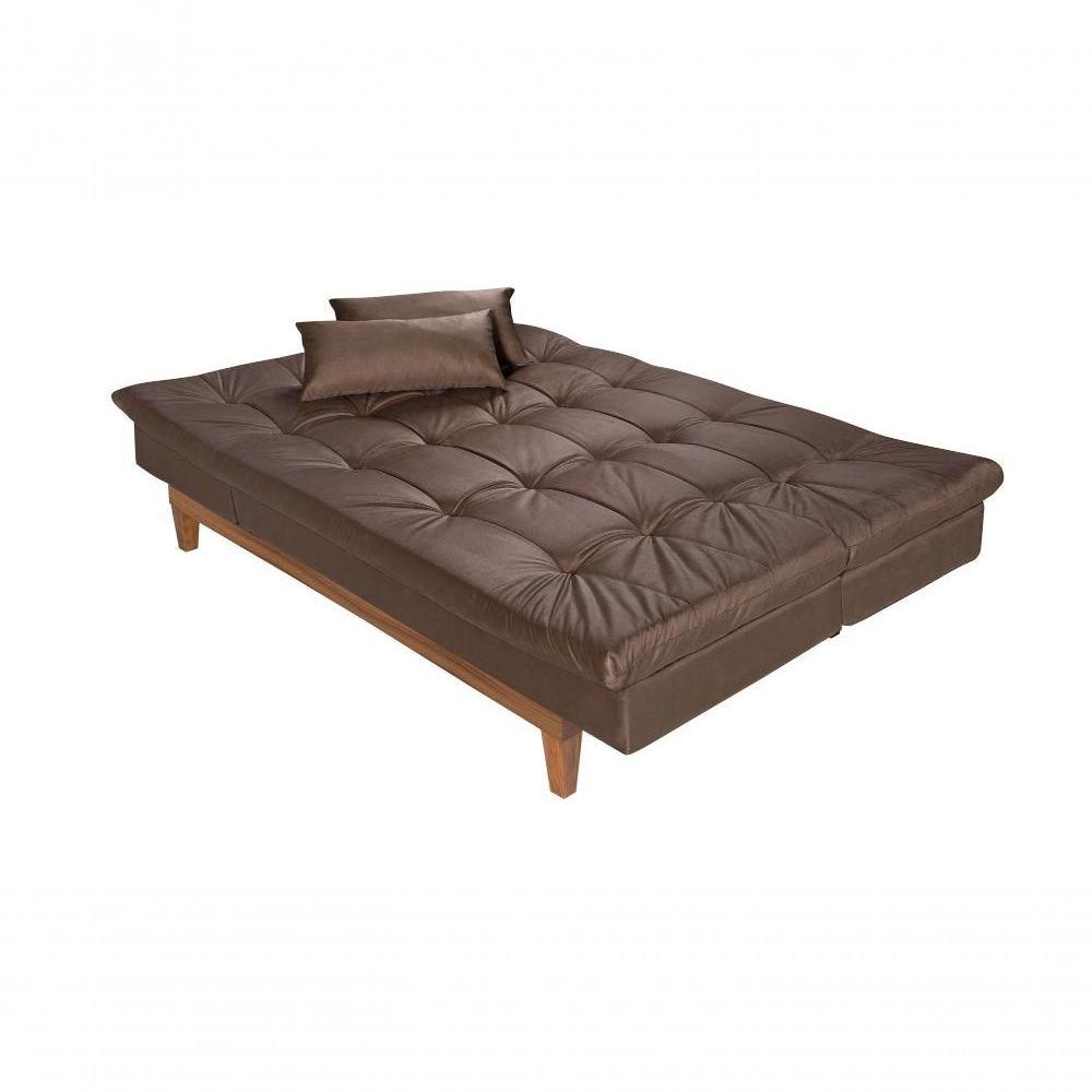 Sofá Cama Versátil 3 Lugares Império Reclinável Casal Pés Madeira Espuma Especial D33 Suede Marrom 379