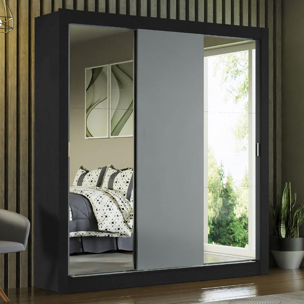 Miniatura Guarda-Roupa Casal Madesa Mônaco 3 Portas de Correr com Espelhos - Preto/Cinza Preto/Cinza