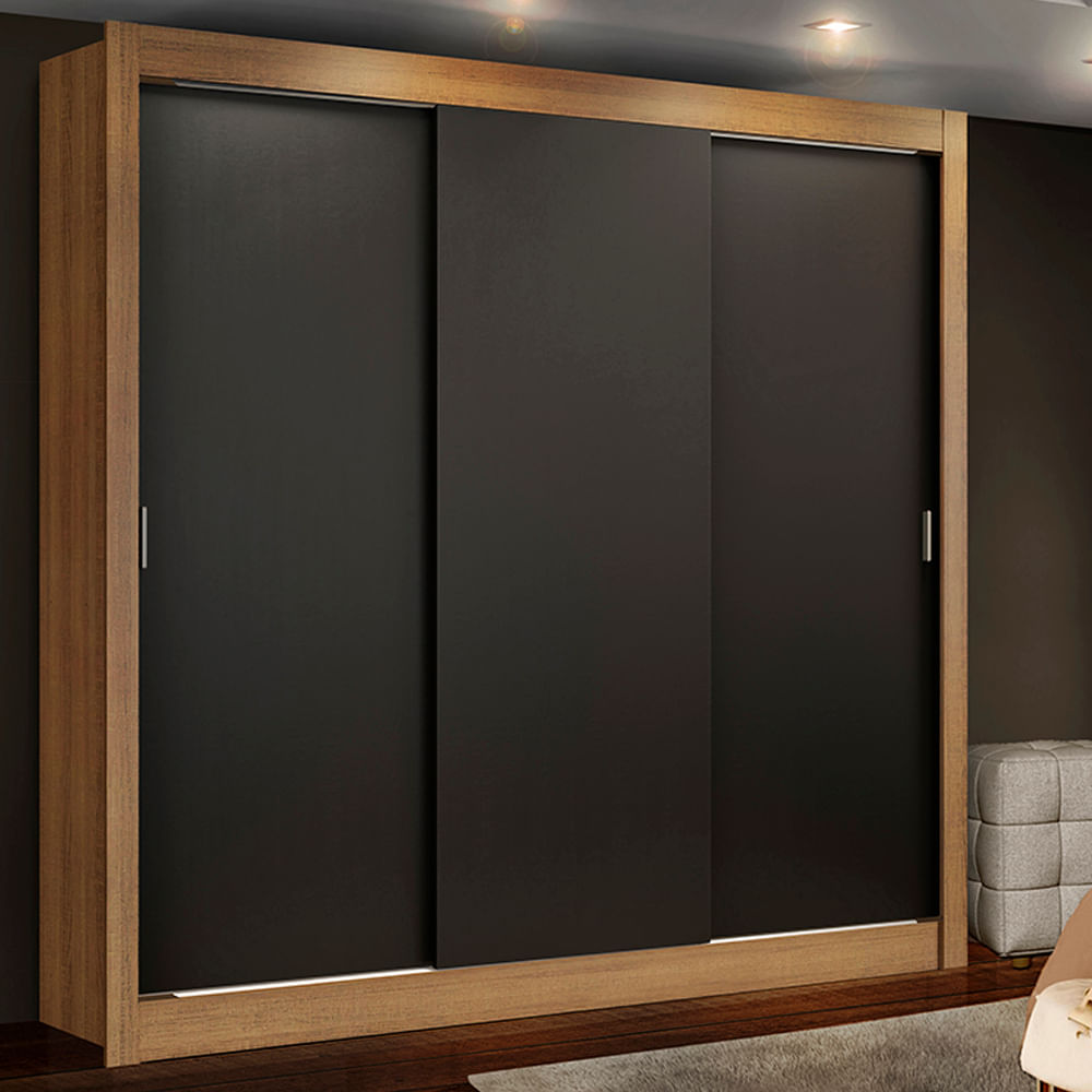 Miniatura Guarda Roupa Casal Madesa Lyon Plus 3 Portas de Correr 4 Gavetas Rustic/Preto Cor:Rustic/Preto