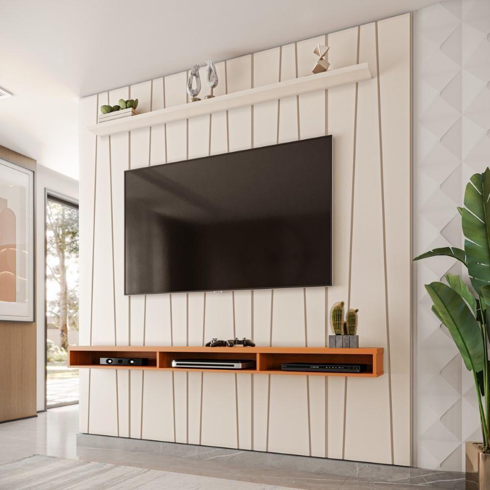 Miniatura Painel Ripado Horizon Para TV Até 75 Polegadas Com Nicho 225cm Off White Cedro