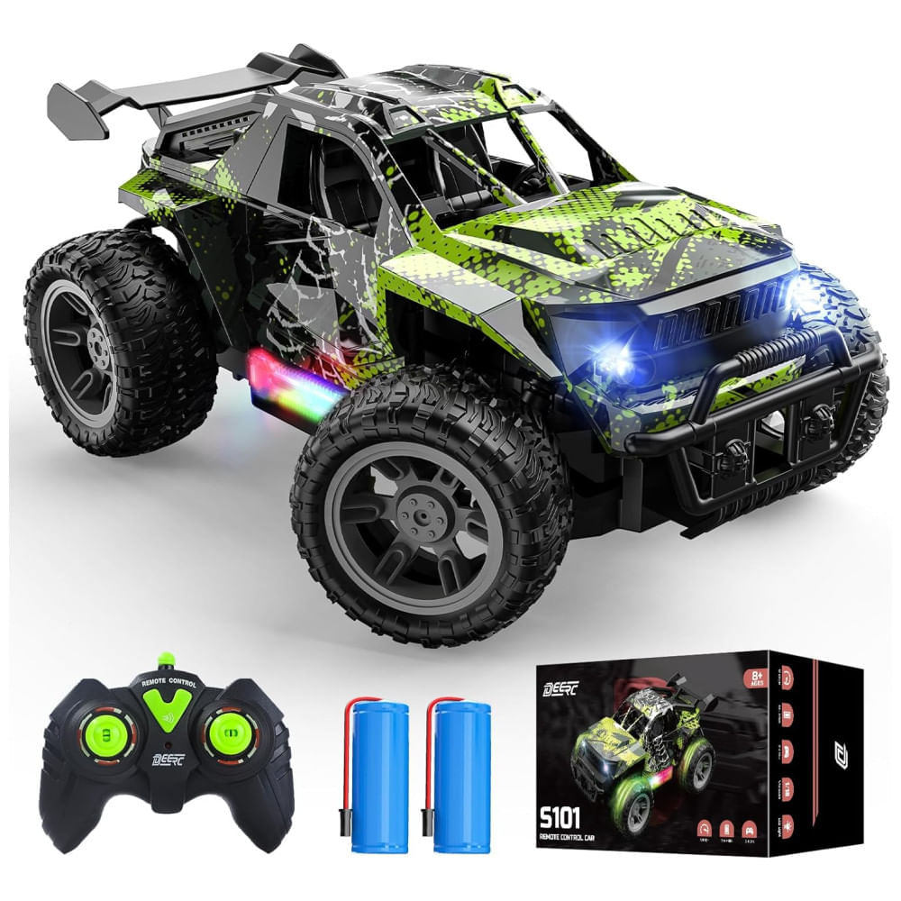 Miniatura Mini Caminhão de Controle Remoto DEERC com Luzes de LED, Brinquedo Monster Truck 1:18 2.4Ghz para Meninos, 2 Baterias e Modo Turbo