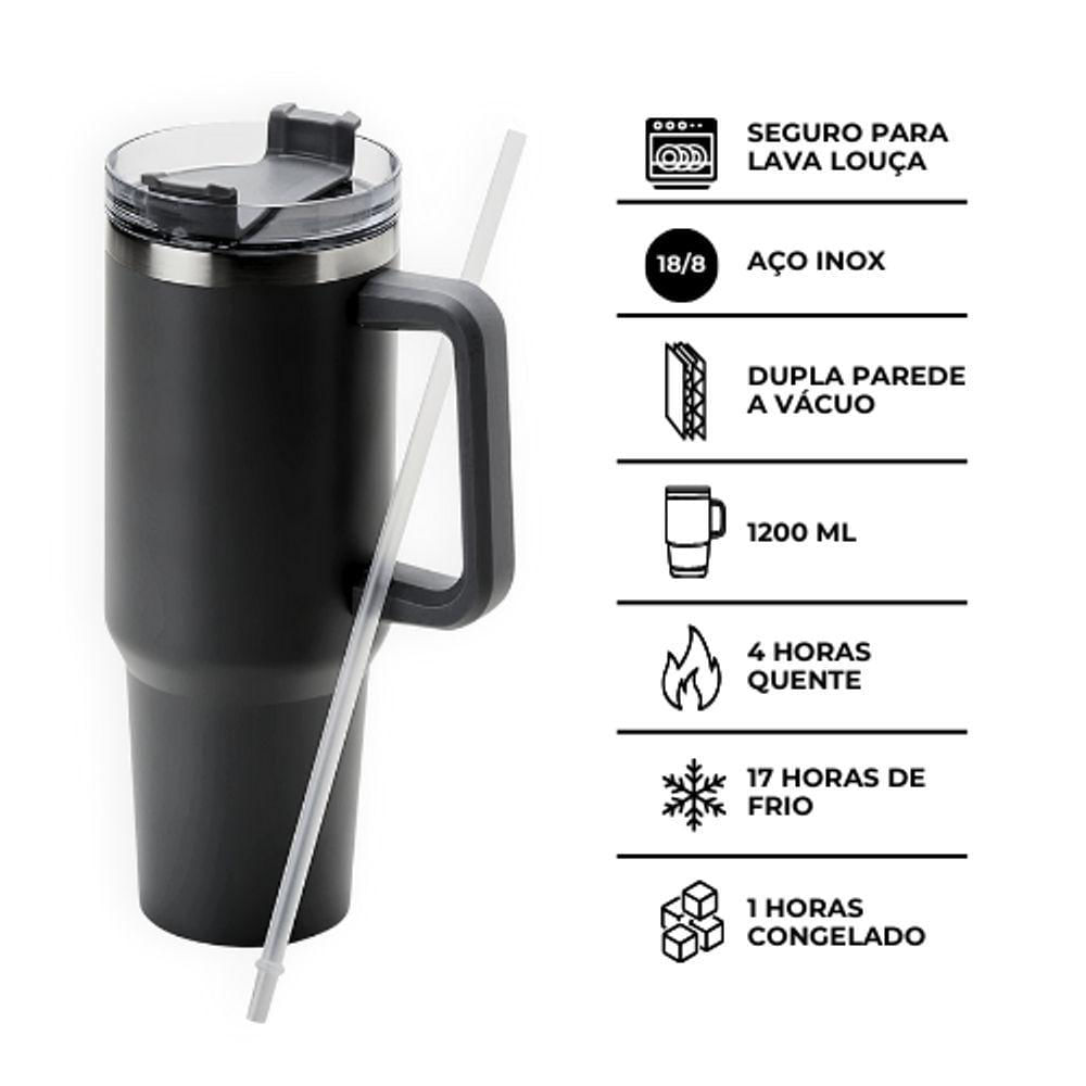 Miniatura Copo Térmico Grande 1200 Ml Canudo Parede Dupla Cor Preto