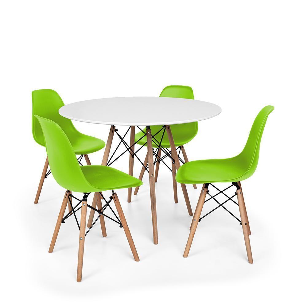 Miniatura Conjunto Mesa De Jantar Redonda Solo Branca 90cm Com 4 Cadeiras Solo - Verde