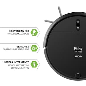 Aspirador Robô Philco PAS23 3 em 1 MOP 90min Sensor Antiqueda e Obstáculos Bivolt Preto